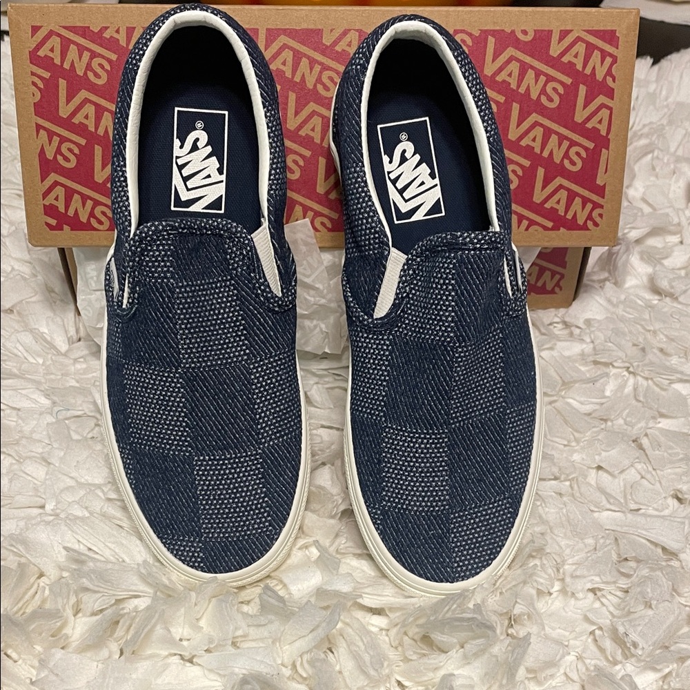 Brand New Classic Slip On Vans-Denim Checkered-Navy